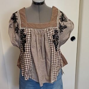 Free People Ruffled Cap Sleeve Blouse in White and Brown